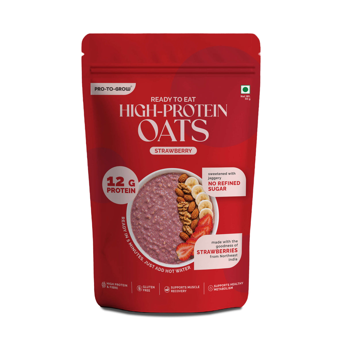 Ready-to-Eat Strawberry High Protein Oats - 50g Single Serve ( Pack of 5 )